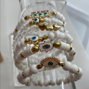 Gold and White Evil Eye Bracelet Set 6 pcs New